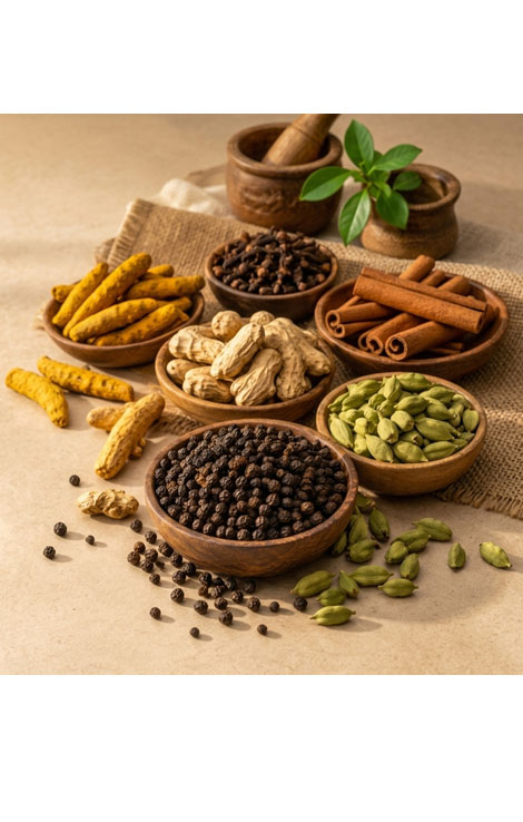 A warm, editorial arrangement of whole and ground spices on a wooden surfaceh